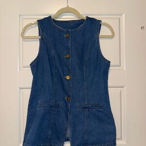 Blue Denim Sleeveless Vest Set with Gold Buttons and Matching Shorts